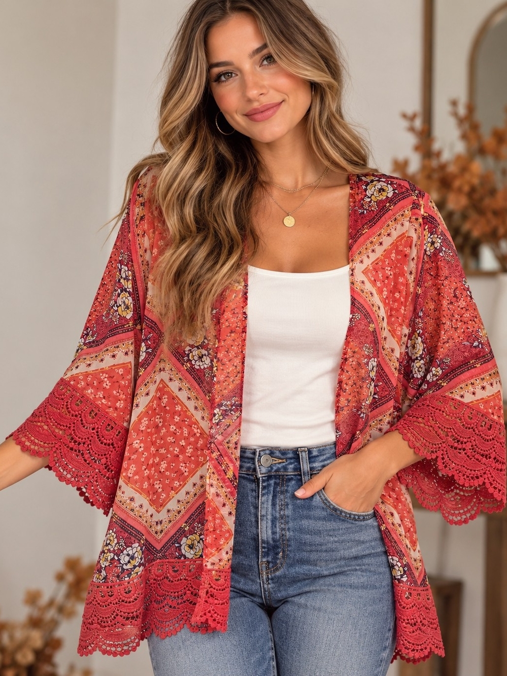 Altar'd State Coral Orange Patchwork Crochet-Trim Small Kimono Cardigan